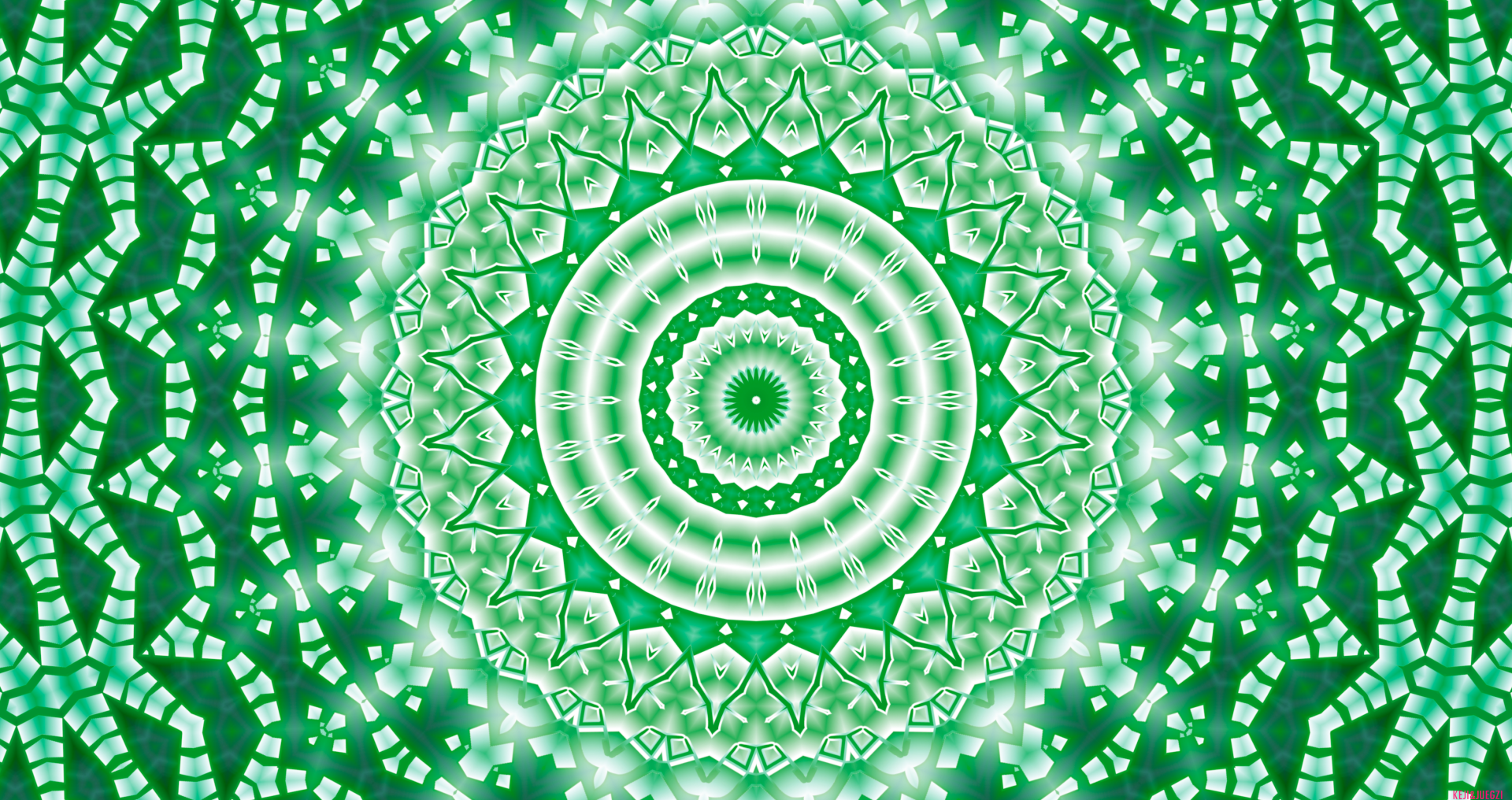 HD PC desktop wallpaper featuring an abstract kaleidoscope pattern with intricate geometric shapes in vibrant green tones.