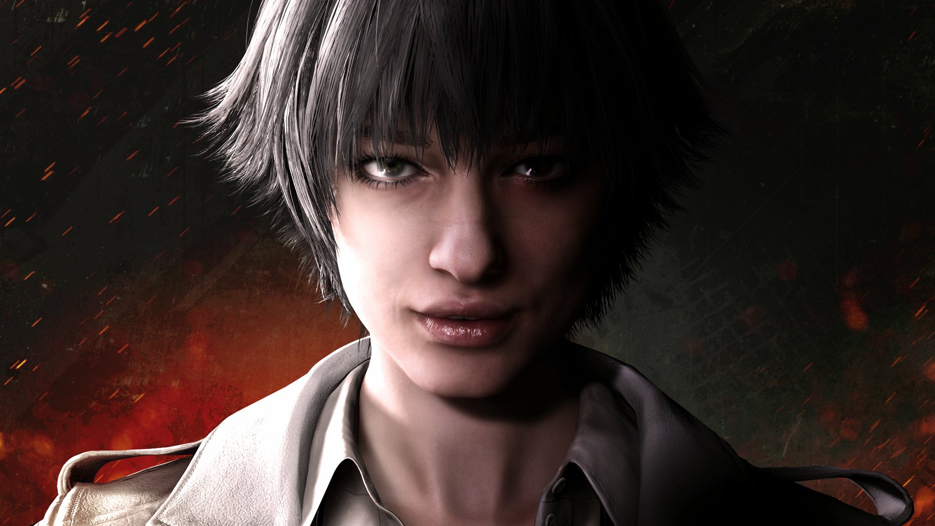 HD PC desktop wallpaper of Lady (Devil May Cry) from the video game Devil May Cry 5 — close-up portrait, short dark hair, intense gaze, fiery background.