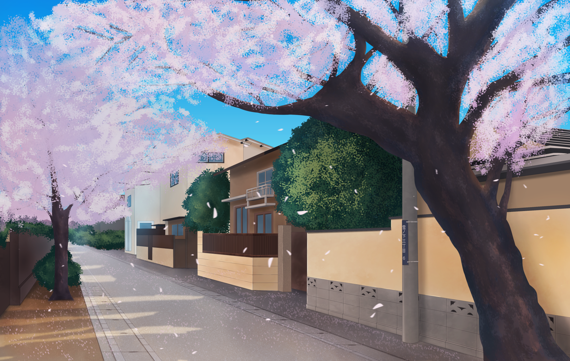 Anime-style 4K Ultra HD wallpaper of a quiet road lined with blooming cherry trees and buildings, featuring a house nestled among greenery under a clear blue sky.