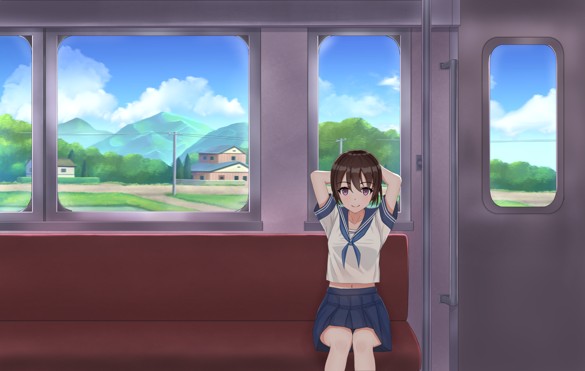 Anime-style 4K Ultra HD wallpaper of a girl with short brown hair and purple eyes sitting on a train, with mountains and blue sky visible through the windows.