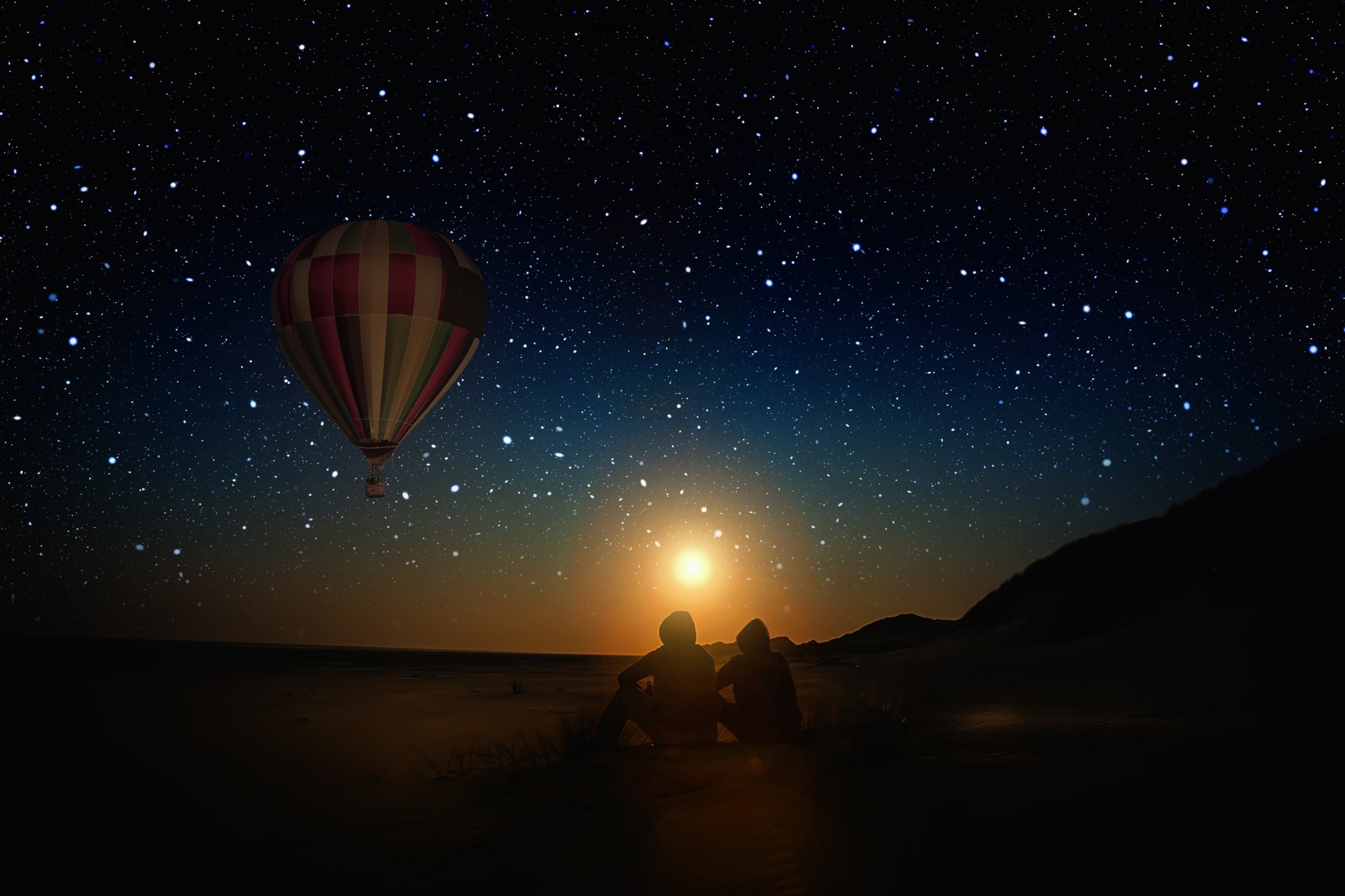 Hot Air Balloons At Night In The Sky