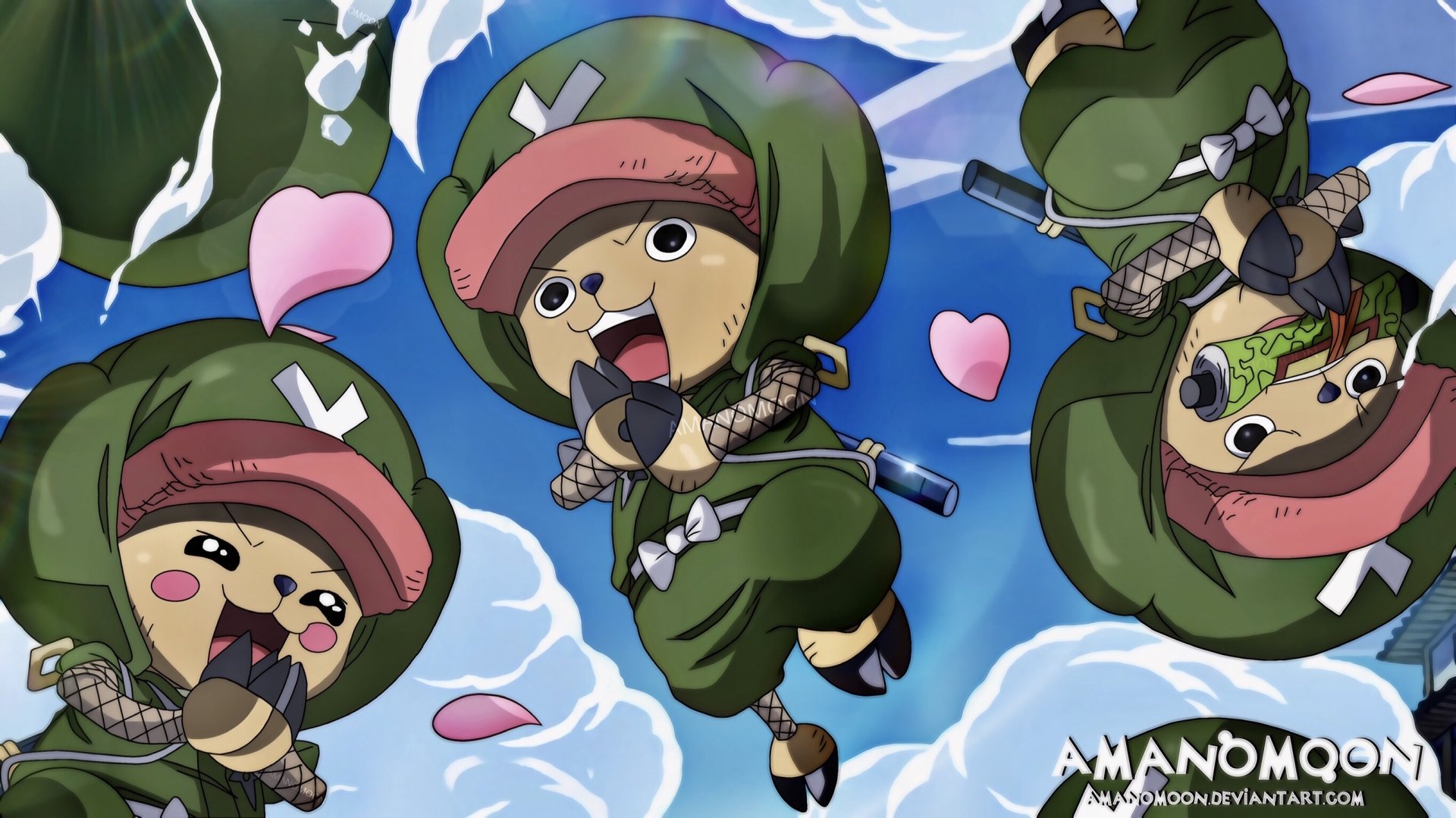 Chibi Tony Tony Chopper bouncing among pink hearts and splashing waves — One Piece anime 2K Quad HD PC desktop wallpaper/background.