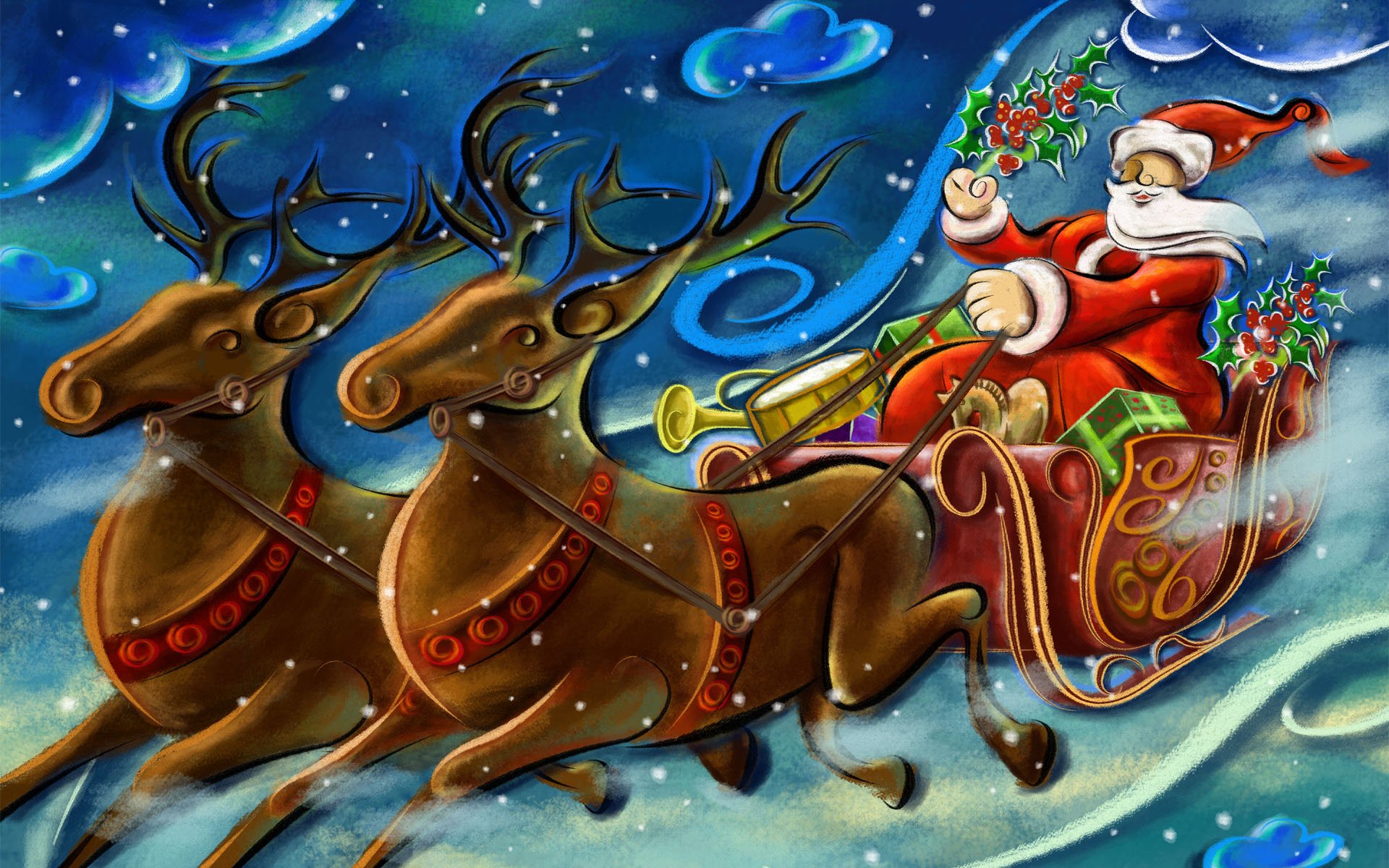 HD Christmas desktop wallpaper depicting Santa Claus in a sleigh pulled by reindeer, flying through a snowy night sky with festive holiday decorations.