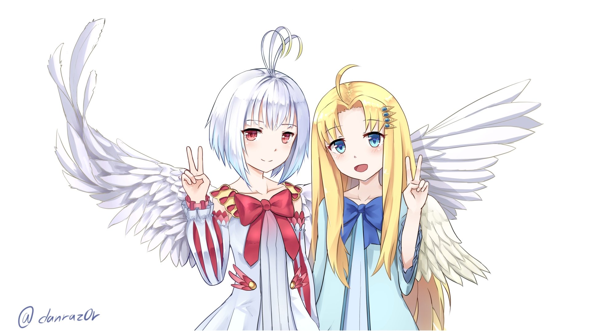 HD anime desktop wallpaper featuring Fitoria and Filo from The Rising of the Shield Hero, both with wings and making peace signs.