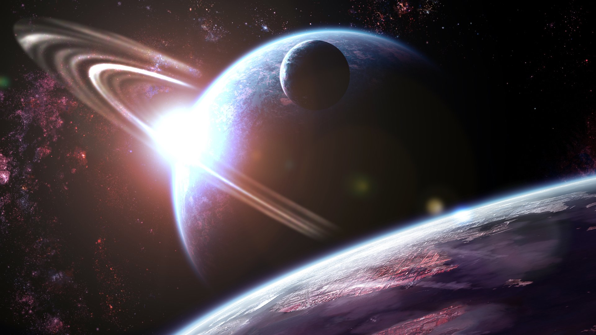 Sci-fi HD PC desktop wallpaper/background: a ringed planet and moon bathed in a bright stellar flare above a textured planetary horizon in deep space.