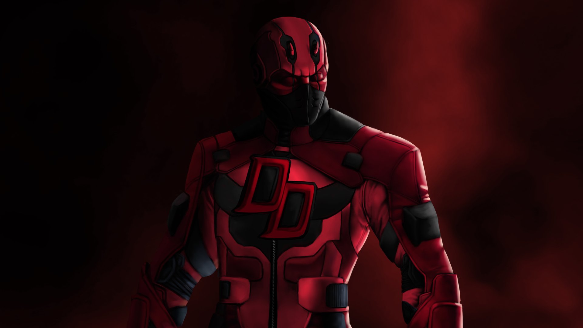 Comic Daredevil in a red armored suit and mask stands amid red-tinged smoke with dramatic lighting — 4K Ultra HD PC desktop wallpaper/background.