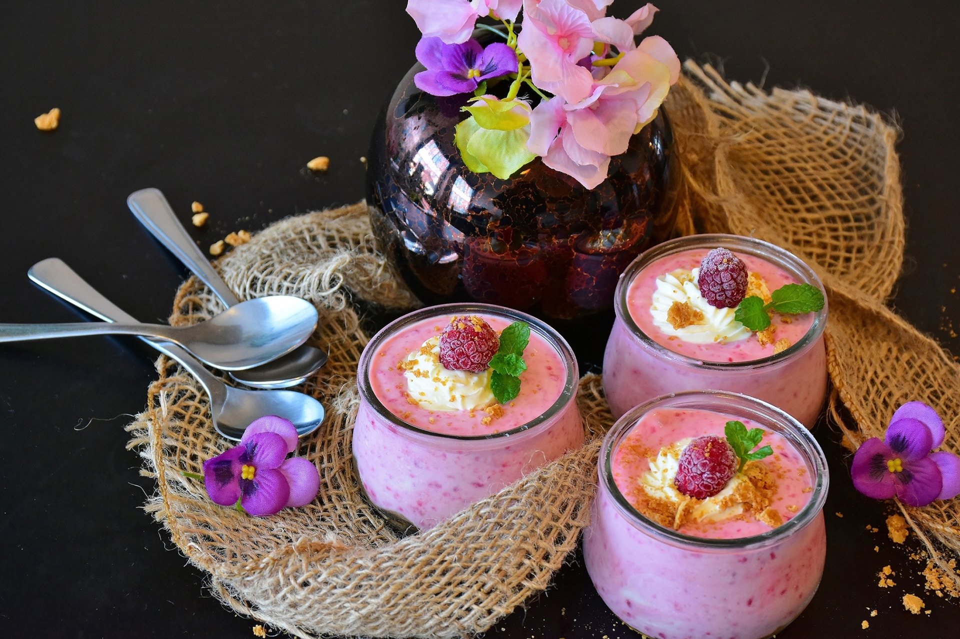 Download Dessert Still Life Spoon Raspberry Flower Food Yogurt HD Wallpaper