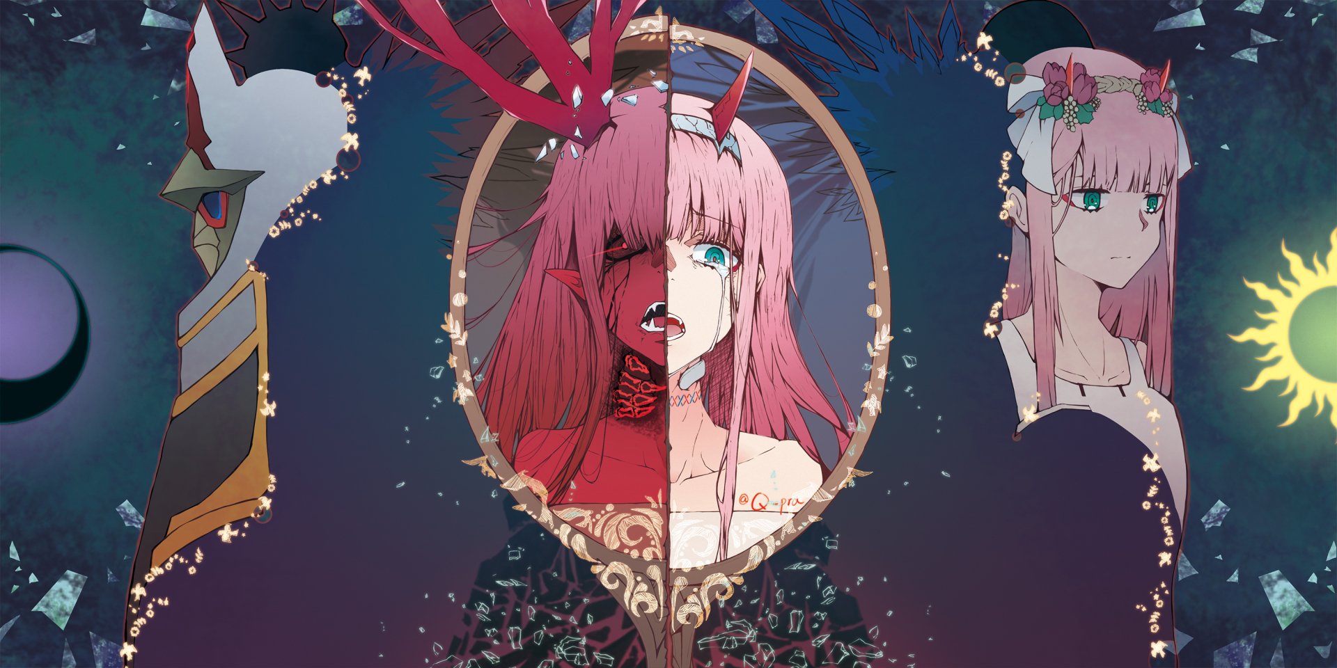 HD anime desktop wallpaper featuring Zero Two from Darling in the FranXX, with a striking split-face design framed by ornate mirrors against a dark, starry background.