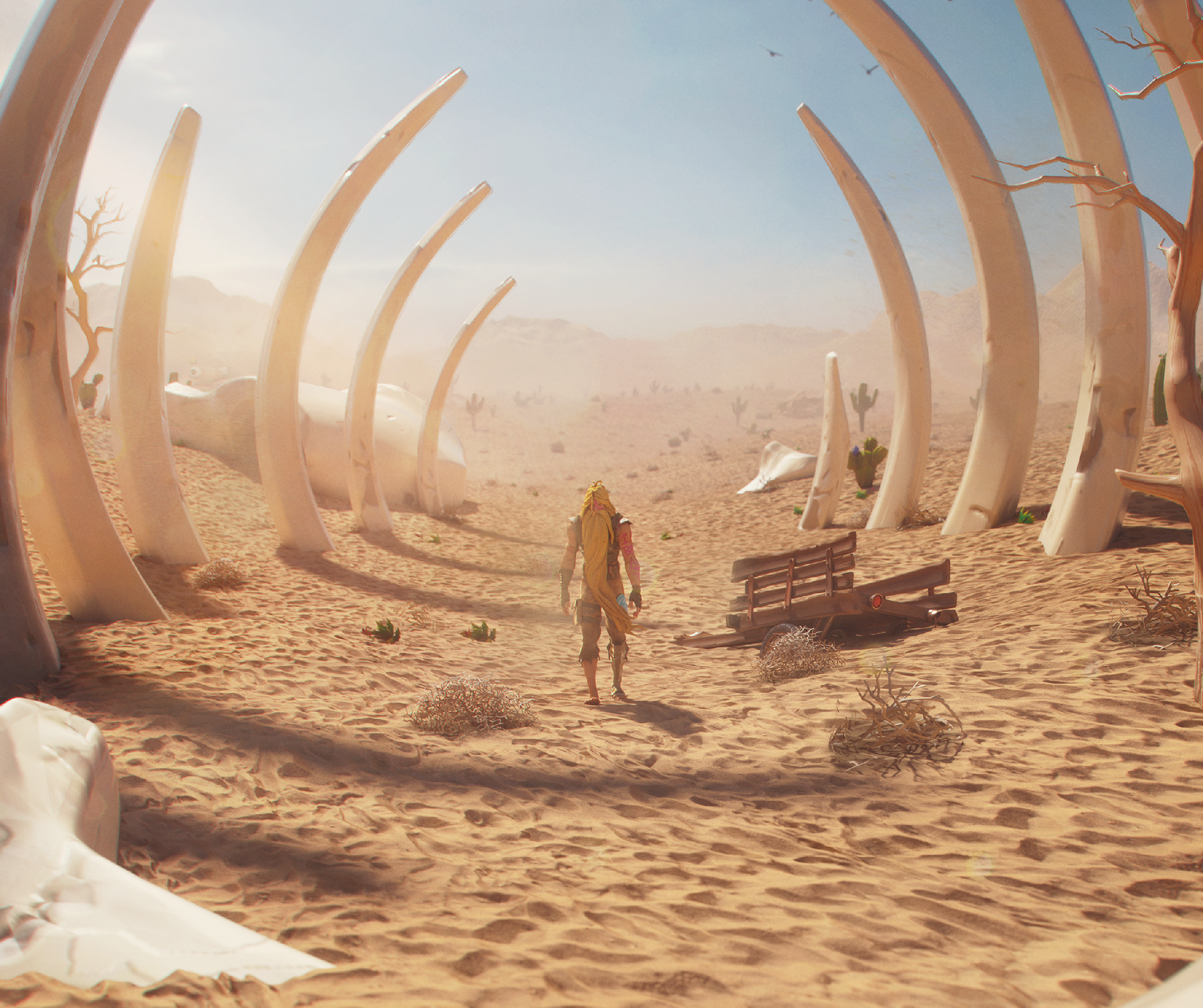 HD PC desktop wallpaper from the video game Fortnite, featuring a lone character walking through a desert landscape framed by large curved bone structures.