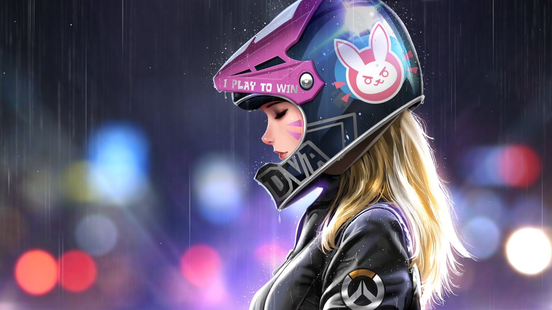 HD desktop wallpaper of a blonde D.Va from Overwatch wearing a detailed helmet in the rain, featuring vibrant city lights in the background.
