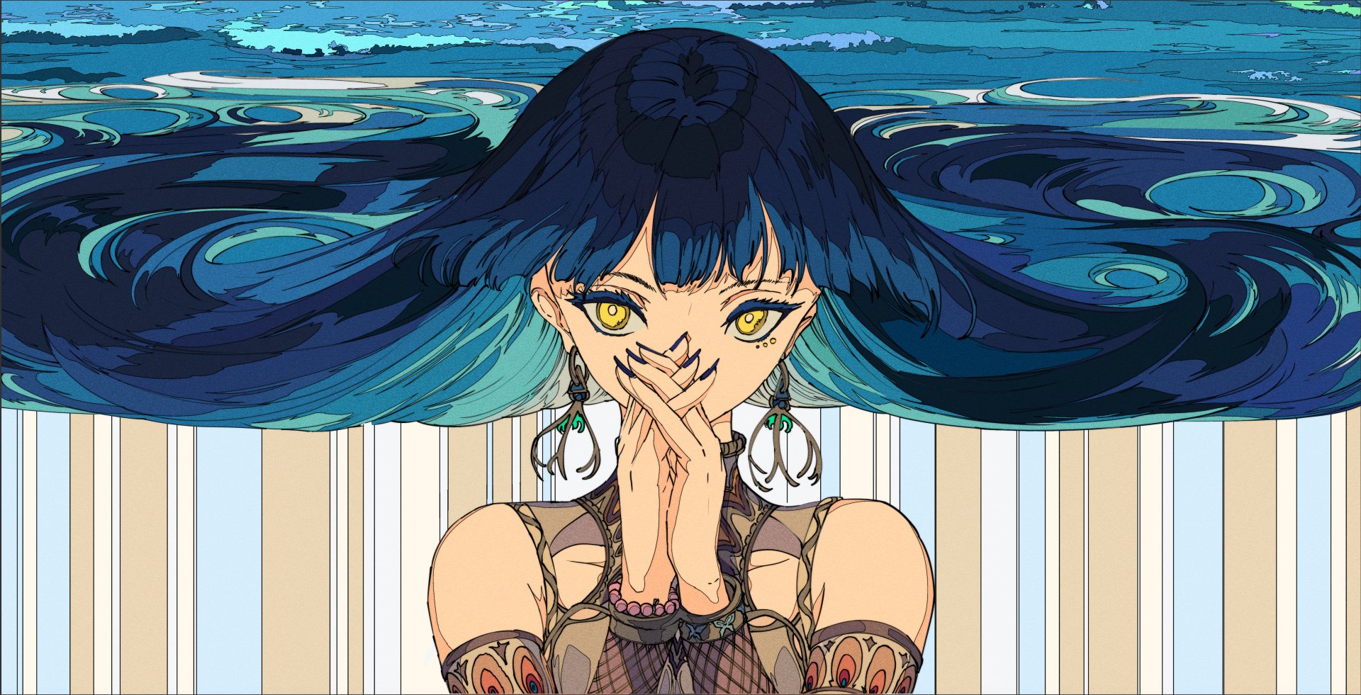 Anime-style original character with long dark hair and yellow eyes, wearing earrings, set against a stylized blue background. 4K Ultra HD PC desktop wallpaper.