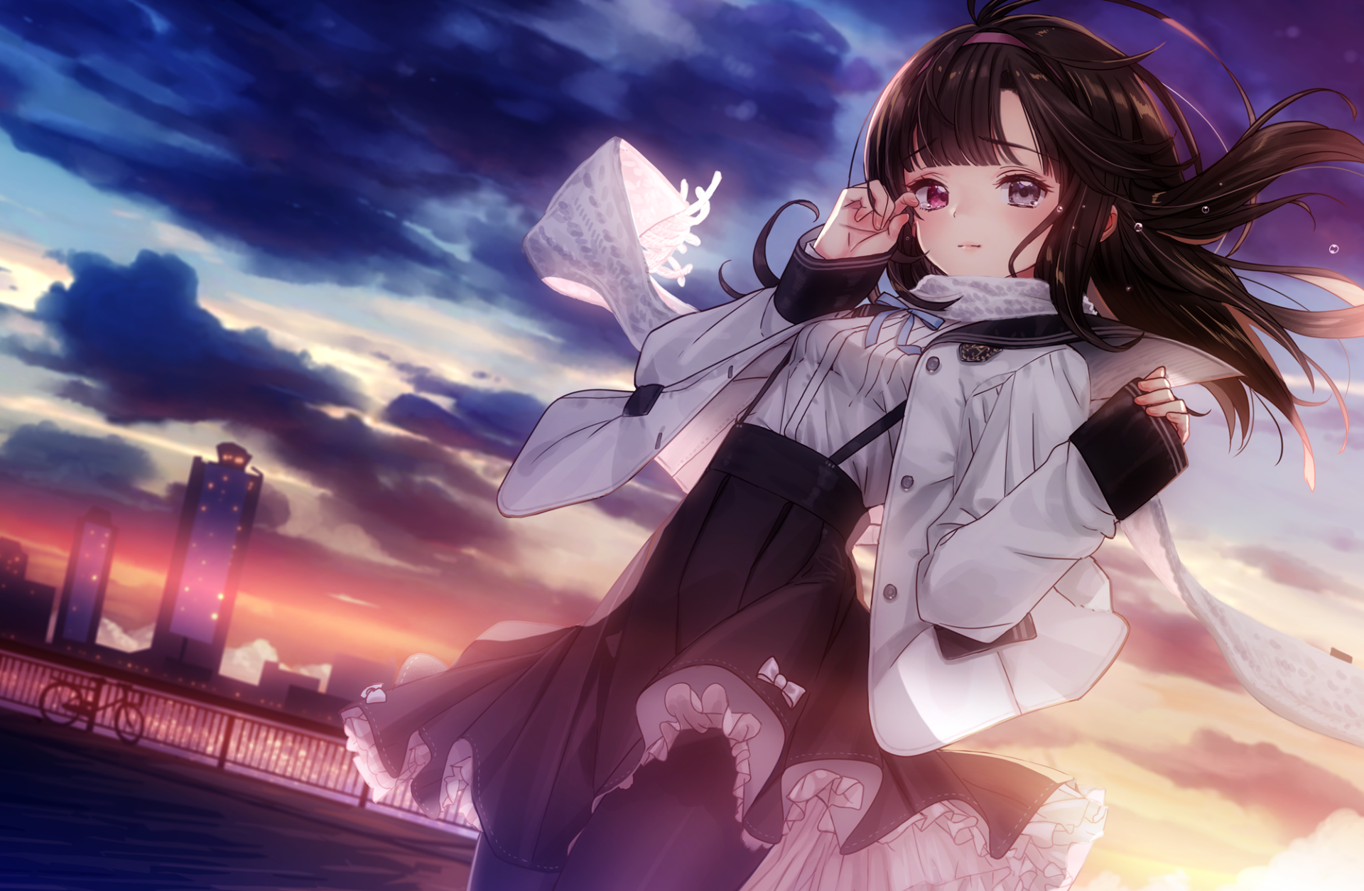 Anime original girl with brown hair and heterochromia (grey and red eyes) wearing a scarf, set against a dramatic city sunset background in HD desktop wallpaper style.