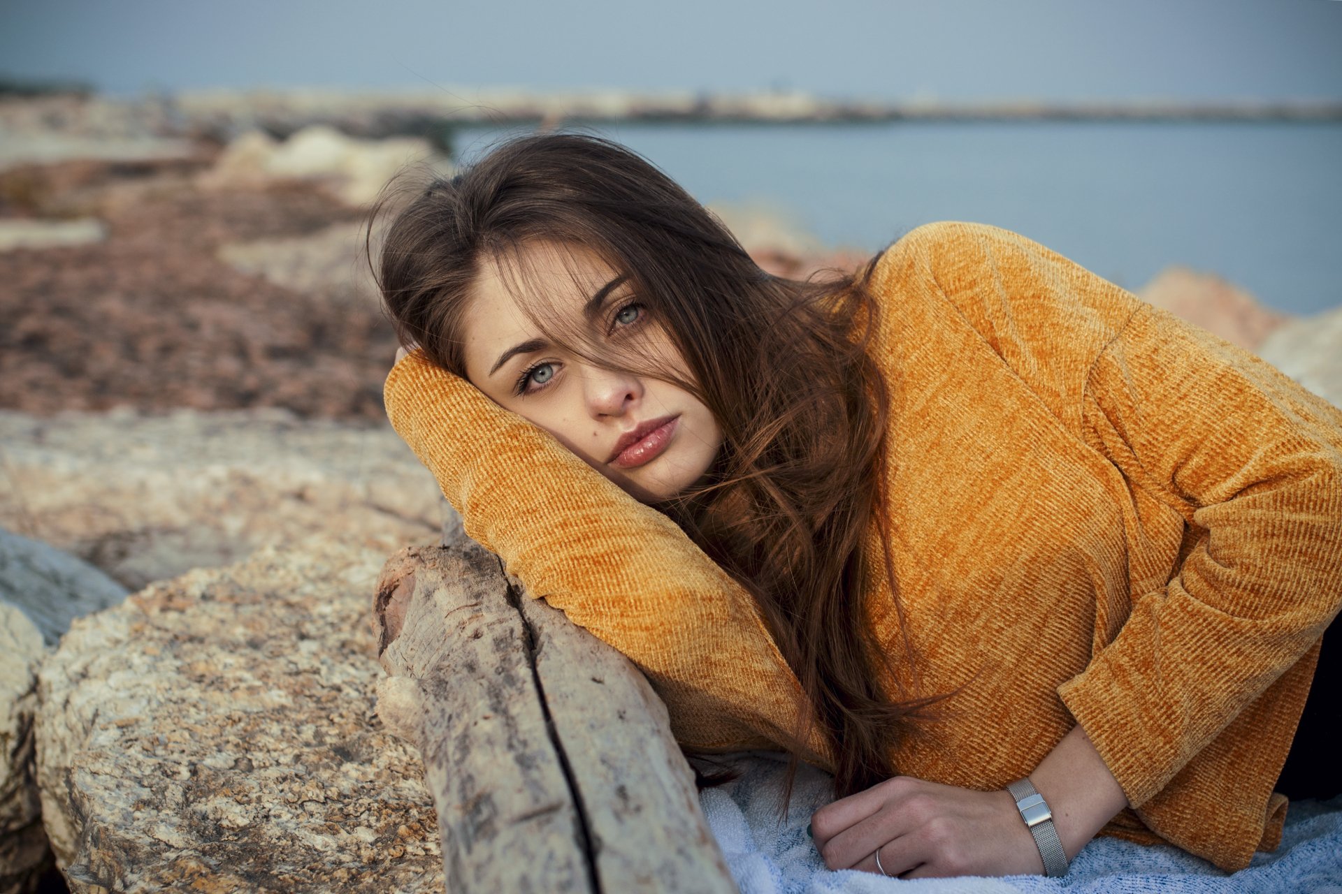 Download Lying Down Brunette Blue Eyes Depth Of Field Woman Model HD Wallpaper by Enrico Cavallarin
