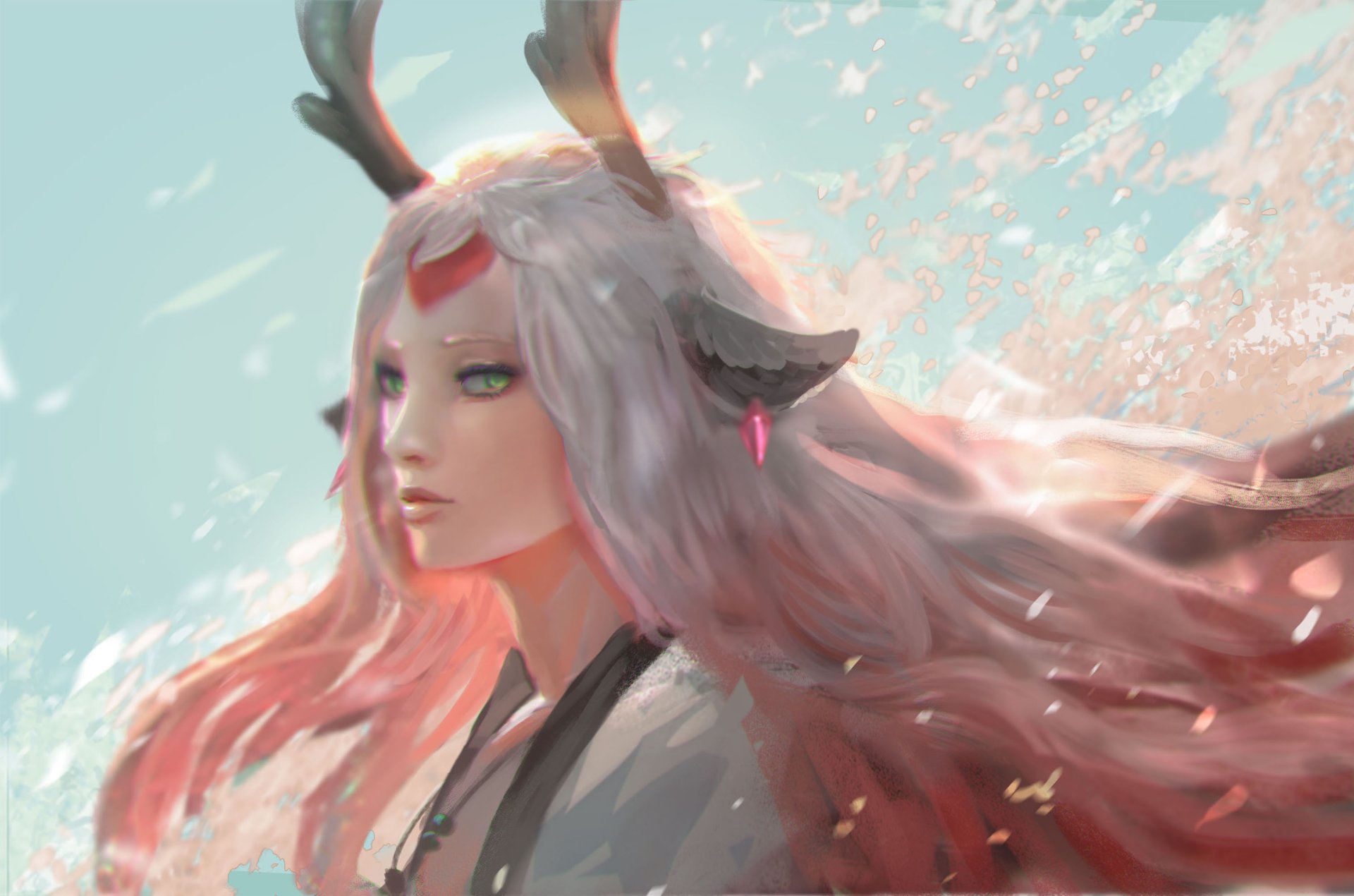 HD anime-style Onmyoji character with flowing pink hair and deer antlers against a soft sky background, designed as a PC desktop wallpaper.