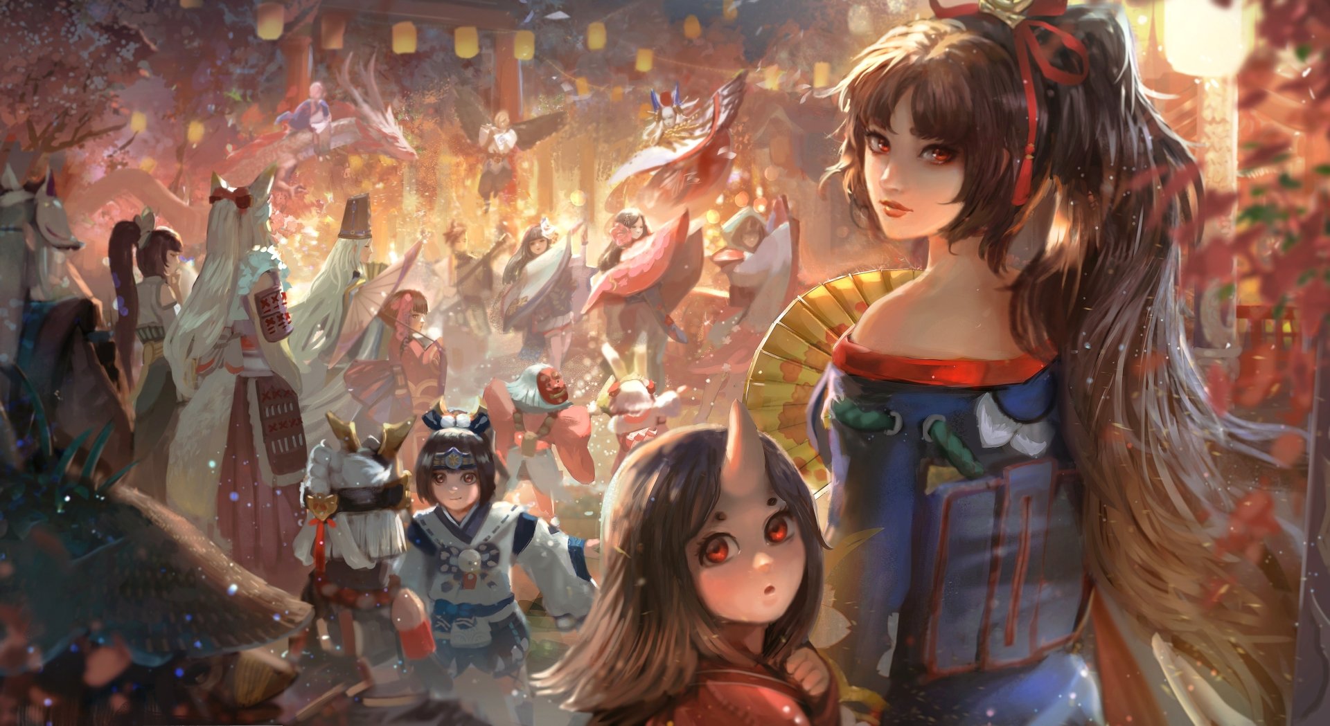 Anime-style Onmyoji characters in a vibrant festival scene with lanterns and dynamic lighting, rendered in stunning 4K Ultra HD for PC desktop wallpaper and background.