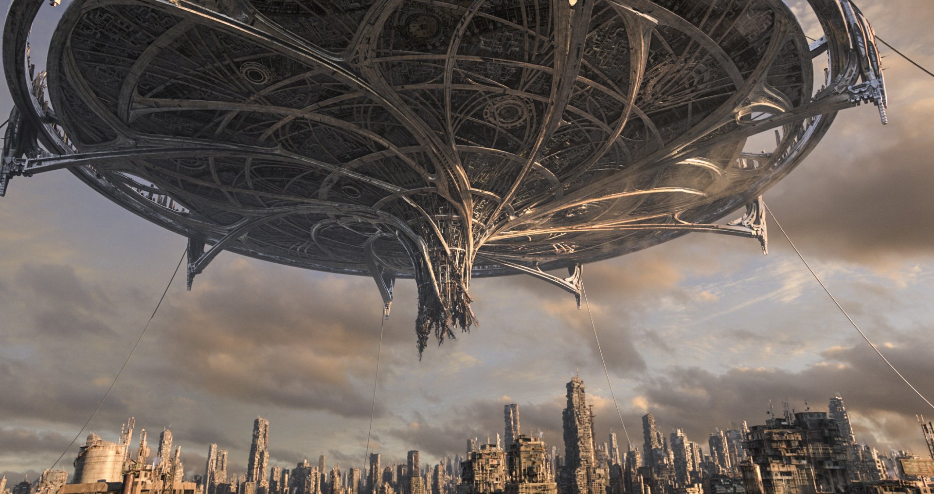 HD PC desktop wallpaper featuring a futuristic cityscape with a massive, intricate floating structure from the movie Alita: Battle Angel.