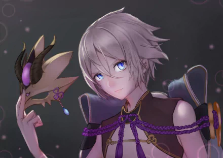 HD PC wallpaper of Lanling Wang (Saber, Fate/Grand Order): anime portrait holding an ornate mask, silver hair and blue eyes, wearing a dark outfit with purple cords.