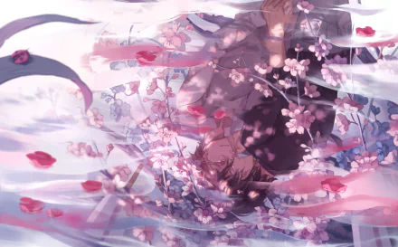 HD anime desktop wallpaper featuring Tadaomi Shirotani and Riku Kurose from Ten Count surrounded by cherry blossoms and soft pink petals.