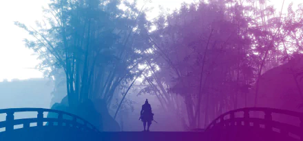 HD PC desktop wallpaper featuring a silhouette of a warrior from the video game Sekiro: Shadows Die Twice, set against a misty, atmospheric forest backdrop.