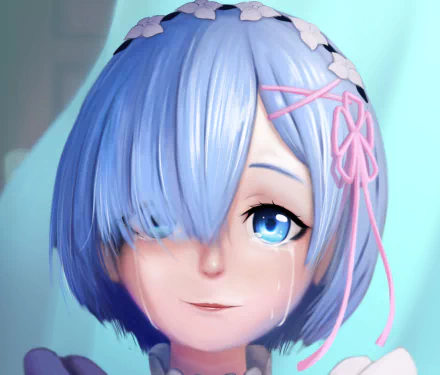 HD PC desktop wallpaper of Rem from the anime Re:Zero - Starting Life in Another World, featuring her with bright blue hair and a gentle expression.