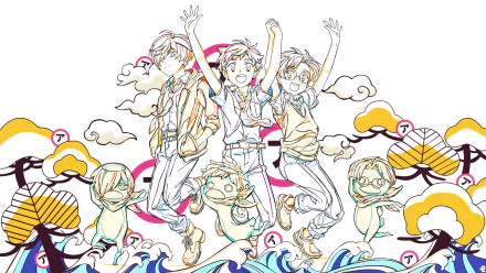 HD PC desktop wallpaper: Sarazanmai anime — Enta Jinnai, Kazuki Yasaka and Toi Kuji joyfully leaping above stylized waves and clouds in colorful sketchy line art.