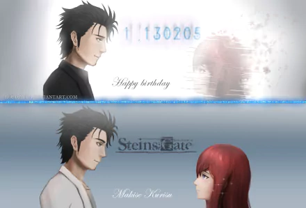 2K Quad HD PC desktop Steins;Gate anime wallpaper showing Rintaro Okabe and Kurisu Makise facing each other in glitchy upper fade and clear lower panel with Steins;Gate logo.