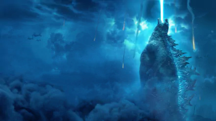 Godzilla unleashing a powerful blue atomic beam into the stormy sky, captured in stunning 8K Ultra HD for the Godzilla: King of the Monsters movie wallpaper.