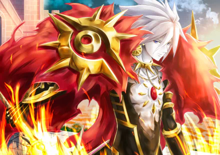 Karna (Fate/Grand Order) in golden armor and a fiery red cloak amid roaring flames — 2K Quad HD anime PC desktop wallpaper.