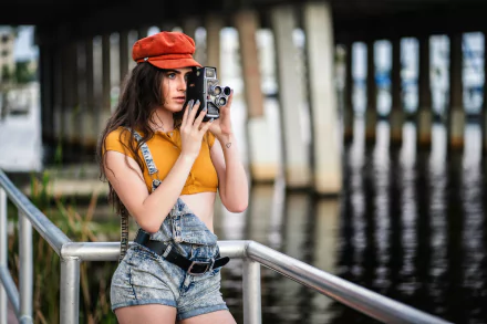 blue eyes long hair brunette hat camera depth of field woman model HD Desktop Wallpaper | Background Image