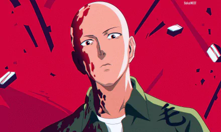 HD PC wallpaper featuring Saitama from the anime One-Punch Man, with a bold red background and dynamic shattered elements.