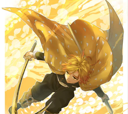 HD desktop wallpaper of Zenitsu Agatsuma from the anime Demon Slayer: Kimetsu no Yaiba, showcasing the character in action with a bright, dynamic background.