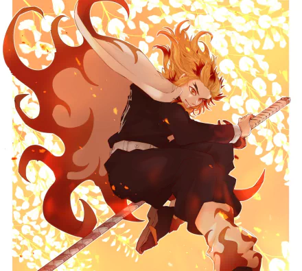 HD PC desktop wallpaper featuring Kyojuro Rengoku from the anime Demon Slayer: Kimetsu no Yaiba with fiery orange flames and dynamic action pose.