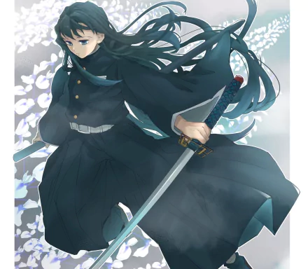 HD anime desktop wallpaper featuring Muichiro Tokito from Demon Slayer: Kimetsu no Yaiba, depicted in dark attire with flowing hair and wielding a sword.