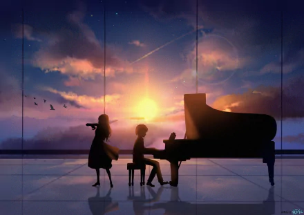 A captivating scene from Your Lie in April, featuring Kousei Arima at the piano and Kaori Miyazono playing the violin against a stunning sunset backdrop.