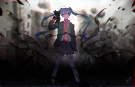 HD PC desktop wallpaper featuring Hatsune Miku from Vocaloid in an anime style, standing with flowing twin tails against a dark, smoky background.