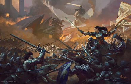 A high-definition fantasy wallpaper featuring an intense battle scene with warriors in armor, wielding swords and axes. Central figures include a woman warrior, a demon, and an angel, reminiscent of Joan of Arc.