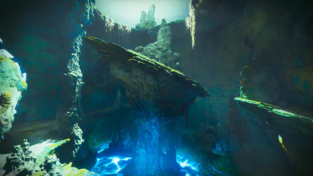 A stunning 4K Ultra HD PC desktop wallpaper featuring a mysterious, rocky cavern with glowing blue water from the video game Destiny 2: Forsaken.