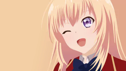 HD PC wallpaper of Honami Ichinose (Classroom of the Elite): blonde hair and purple eyes, winking with a cheerful smile against a soft anime classroom background.