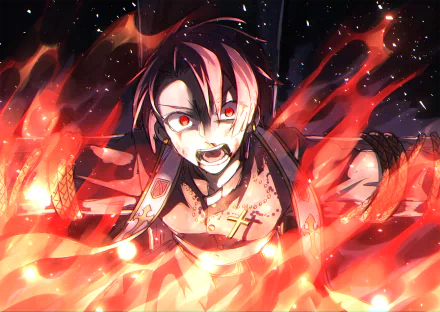 Anime-style original HD desktop wallpaper featuring a character with red eyes and a cross on their chest, surrounded by intense flames.