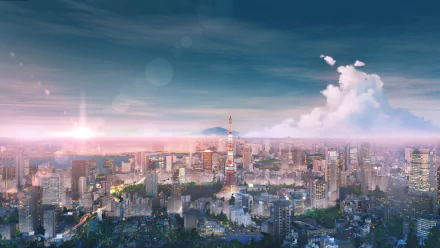 HD wallpaper of a vibrant anime-inspired depiction of Tokyo, showcasing a detailed cityscape bathed in a mystical sunrise.