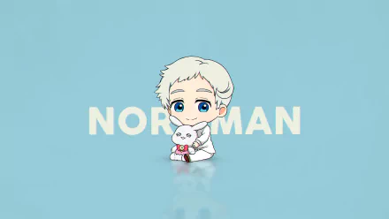 Chibi Norman from Yakusoku no Neverland is depicted against a light blue background, holding a stuffed animal, with his name NORMAN stylized prominently in the image.