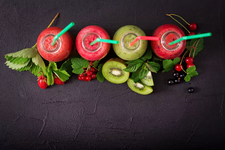 straw leaf raspberry cherry kiwi fruit still life drink food smoothie HD Desktop Wallpaper | Background Image