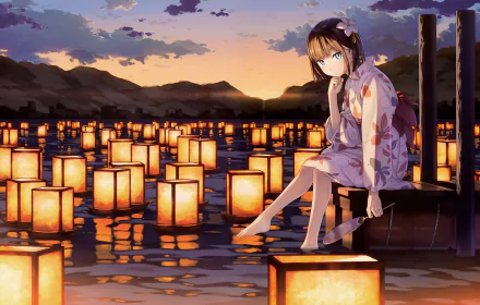 Anime girl with brown hair and blue eyes in a kimono sits by a lake with floating lanterns at dusk, framed by mountains in the background.