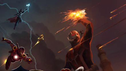 HD PC desktop wallpaper featuring Avengers EndGame heroes: Thor wielding lightning, Iron Man, Ant-Man, Captain Marvel, and Hawkeye in dynamic action poses.