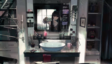 Anime girl with black twin-tails taking a selfie in a modern bathroom; smartphone and anime-themed decor visible, suitable as an HD desktop wallpaper.