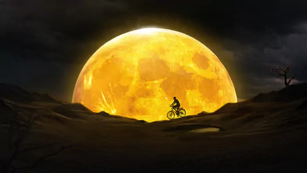 4K Ultra HD PC desktop wallpaper/background: a fantasy night scene of a silhouetted bicyclist riding across dunes beneath a gigantic glowing golden moon.