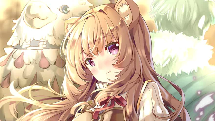 HD wallpaper featuring characters from The Rising of the Shield Hero: Naofumi Iwatani, Filo, and Raphtalia. Raphtalia, with brown hair and animal ears, is prominently in the foreground.