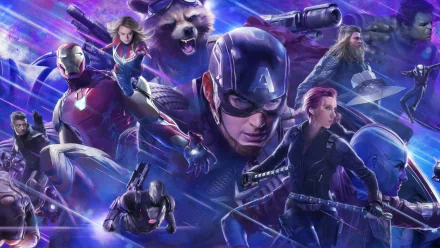 HD desktop wallpaper and background featuring characters from the movie Avengers: Endgame, including Captain America, Iron Man, Thor, Black Widow, and Rocket Raccoon in an action-packed scene.