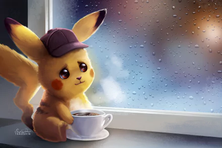 HD wallpaper featuring Pikachu from Pokémon Detective Pikachu, wearing a hat, sitting by a window with raindrops and holding a cup of coffee.