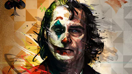 HD wallpaper featuring Joaquin Phoenix as the Joker, inspired by the DC Comics movie. The image showcases an artistic depiction with detailed brushstrokes and vivid colors.